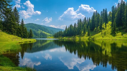 Serene Mountain Lake with Lush Green Forested Hills and a Clear Blue Sky