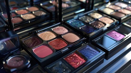 Closeup of Various Eyeshadow Palettes with Shimmering Pigments