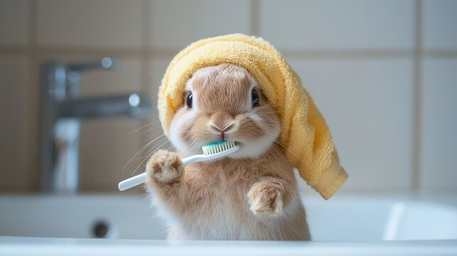 Bunny brushing teeth in stylish bathroom with copy space.