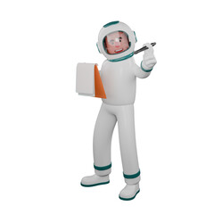 3D Space Character. A male astronaut stands holding a clipboard in his left hand and a pen in his right hand. Male Astronaut Illustration