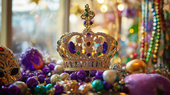 A beautifully crafted Mardi Gras crown on display, surrounded by beads, masks, and colorful decorations, bright natural light highlighting its ornate design, festive and elegant mood