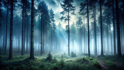 Obraz premium Dark foggy forest panoramic walk