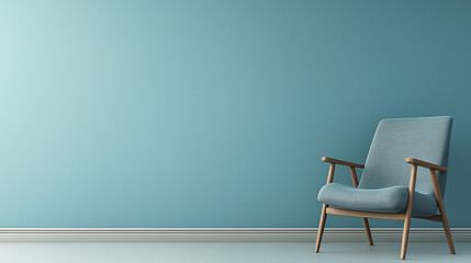 The interior space features a soothing blue wall and a cozy chair designed for relaxation, creating an inviting atmosphere for mental health sessions, copy space