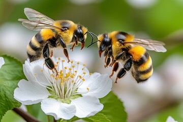 Bee and bumblebee flying between apricot blossoms, their paths crossing in the air as they work in harmony to pollinate the orchard