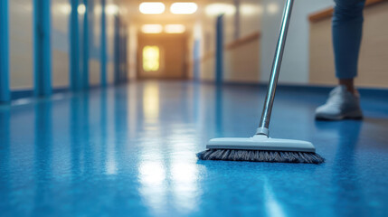 janitor is mopping clean hospital corridor, creating serene atmosphere with soft ambient light. polished floor reflects gentle glow, enhancing tranquil environment