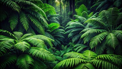 Dark green fern wallpaper with tropical trees backdrop