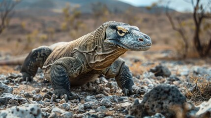 Fototapeta premium A Komodo Dragon Strolling on Rocky Terrain