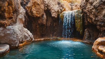Naklejka premium stunning turquoise blue water pool in rocky canyon oasis with waterfall
