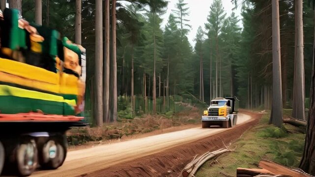 A robust yellow logging truck transports freshly cut timber down a dirt road, surrounded by tall evergreen trees in a serene forest setting created with generative ai
