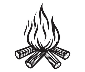 Burning bonfire with a large flame for camping, Illustration of a fire icon, Campfire silhouette vector, Campfire icon