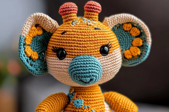 Detailed crochet animal doll, such as a giraffe or elephant, with colorful yarn patterns, tiny embroidered details, and movable limbs