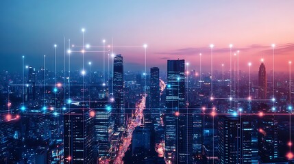 Fototapeta premium Cityscape with Connected Buildings at Dusk