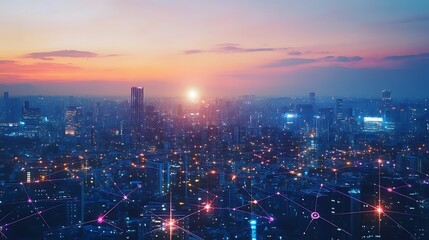 Fototapeta premium Cityscape with Interconnected Network at Sunset