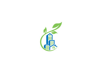 Real estate logo design with leaf vector icon template and white background