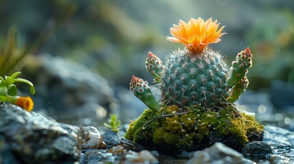 Close-Up of a Blooming Cactus in a Desert Landscape