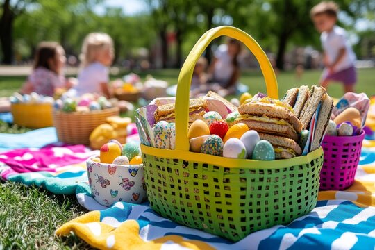 Family Easter picnic in a sunny park, with colorful blankets spread out, baskets filled with sandwiches, fruit, and Easter treats, and children playing nearby