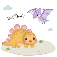 Cute Dinoaurs Best Friends Watercolor Vector