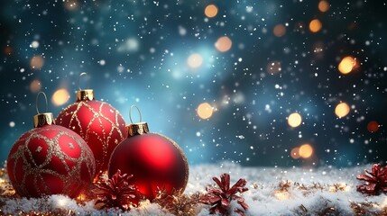 A Beautiful Christmas Scene Featuring Red Ornaments and Snow