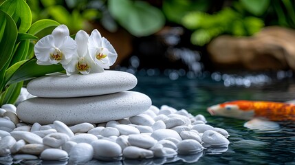 Fototapeta premium Serene Spa Scene with White Pebbles and Orchids