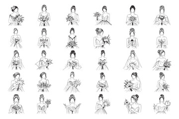 Bundle Line Art Beautiful Women Wedding With woman with a messy bun and flowers Illustration Hand Drawn Clipart