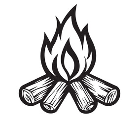 Burning bonfire with a large flame for camping, Illustration of a fire icon, Campfire silhouette vector, Campfire icon
