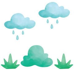 Cloud and grass watercolor background ornament set