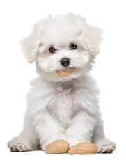 Obraz premium White Fluffy Puppy Sitting With A Biscuit In Its Mouth On Transparent Background