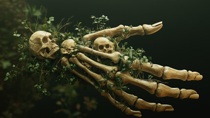Fototapeta premium Vine-Covered Skeletal Hand with Natural Bones and Creeping Plant Details, Botanical Sculpture Concept