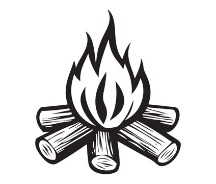 recommend clip art: Burning bonfire with a large flame for camping, Illustration of a fire icon, Campfire silhouette vector, Campfire icon