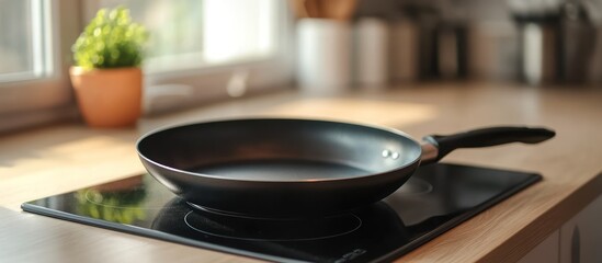 Empty frying pan on a black stovetop with a wooden countertop.