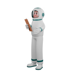 3D Male Astronaut in Spacecraft. A male astronaut stands holding a clipboard in his right hand. Professional Character