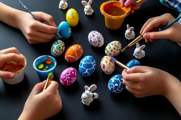 Kids decorating Easter eggs with bright colors and patterns, surrounded by paintbrushes, dye cups, and small bunny figurines, capturing the creative joy of the holiday