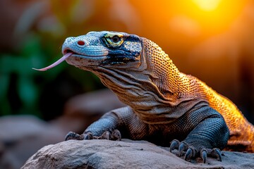 Fototapeta premium Komodo dragon sunbathing on a rock, its scaly skin glistening in the light, and its forked tongue flicking out as it surveys its surroundings
