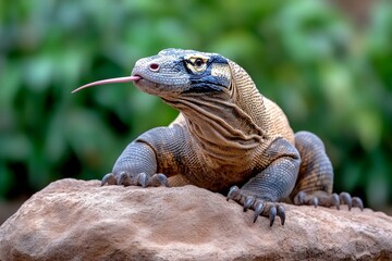Obraz premium Komodo dragon sunbathing on a rock, its scaly skin glistening in the light, and its forked tongue flicking out as it surveys its surroundings