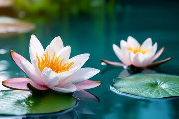 Lilies and lily pads floating in water, with subtle reflections of the flowers in the water, set against a soft blue background for a calm and peaceful design