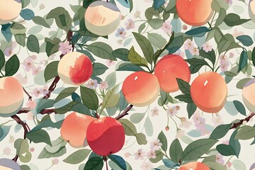 Seamless pattern with red and green apples, branches, and delicate flowers on a light background. Hand-drawn botanical design with vintage aesthetic. Ideal for wallpaper, fabric, and wrapping paper