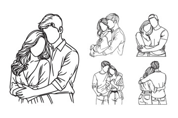 Line Art Couple Hug Romance Relation Pose Black and White Illustration Hand Drawn Clipart