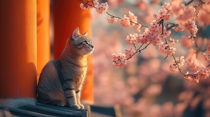 Cat sitting next to cherry blossoms at japanese temple