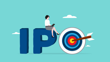 IPO, Initial public offering, standards of business success or investment, business management or strategy to achieve success, businesswoman setting up an investing strategy using a laptop