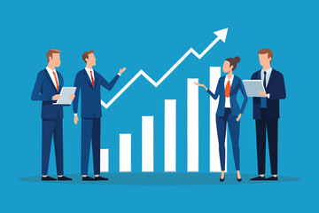 Business team members standing by a graph, collaborating on strategies based on the presented data flat vector illustration.