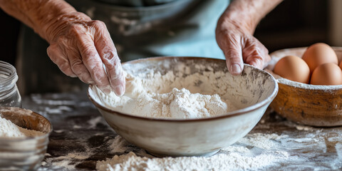 Fototapeta premium Culinary Memories: Grandmother and Grandchild Cracking Fresh Eggs into a Bowl with Flour and Baking Essentials on the Counter