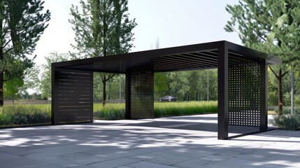 Fototapeta premium Modern Black Steel Pergola with Decorative Panels and Grass