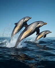 Obraz premium A pod of dolphins leap out of the water, creating a spray of sparkling water against a clear blue sky.