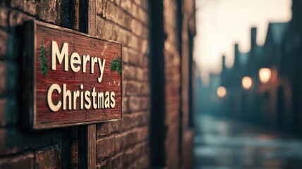 A festive street scene featuring a "Merry Christmas" sign on a brick wall, illuminated by soft street lights in a cozy, atmospheric setting.