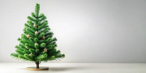Decorative small Christmas tree isolated on white background in Worm's Eye View angle