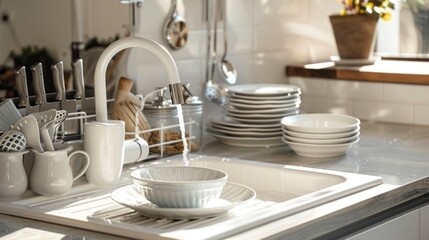 Fototapeta premium White Kitchen Faucet Running Water into Bowl on Countertop