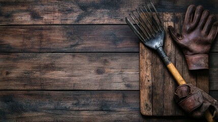 Leather gloves, hand tools on wood.