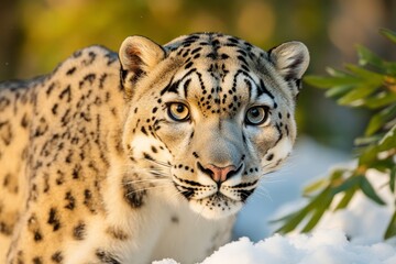 Fototapeta premium Snow leopards stalking through the snow, their thick, spotted fur blending into the white landscape of their exhibit, showcasing their elusive beauty