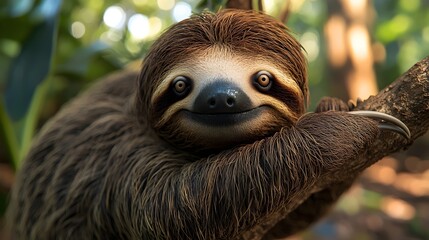 Fototapeta premium A close-up of a sloth hanging from a branch, its large eyes and relaxed expression convey a sense of tranquility.