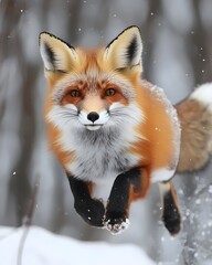 Fototapeta premium A red fox leaps through the snow, its fur catching the sunlight.